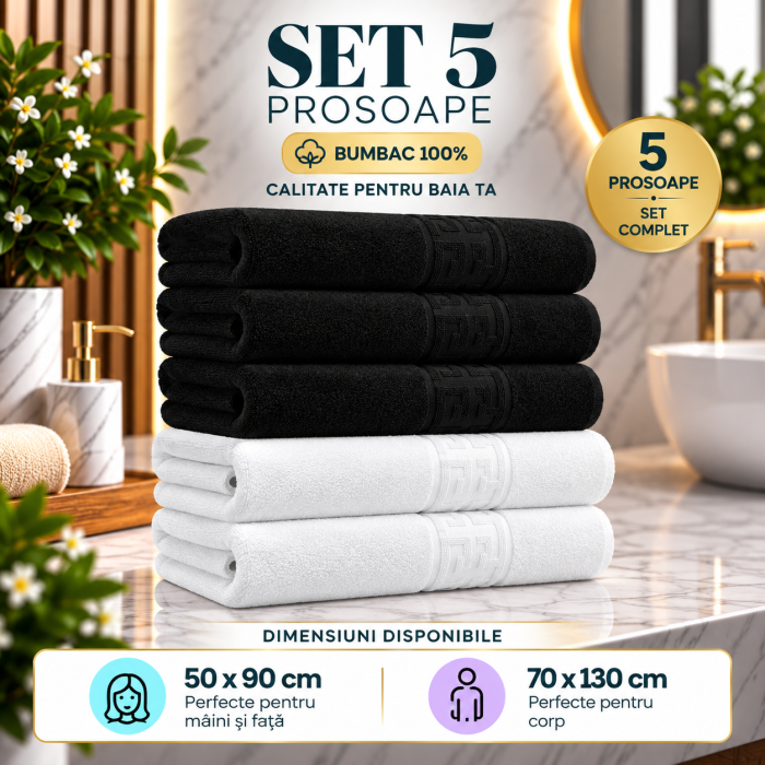 Set 5 Prosoape Premium 100% Bumbac, Moi, Pufoase si Foarte Absorbante