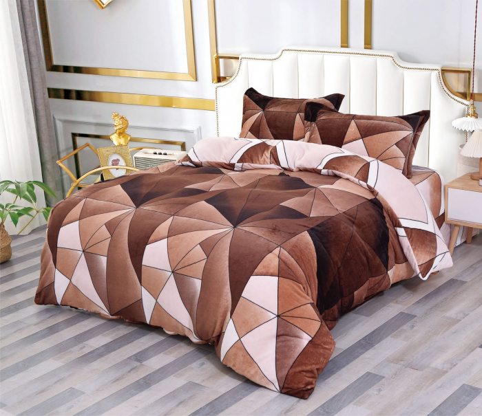 Set Lenjerie Cocolino Cu Elastic, 4 Piese, Pat 2 Persoane - Brown Geometric