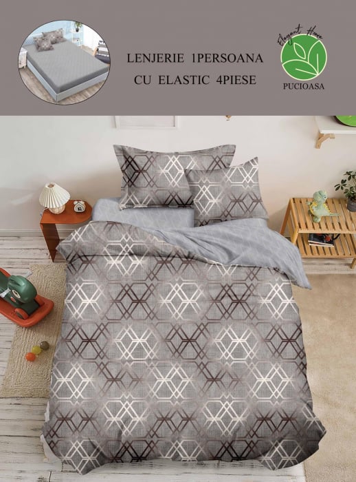 lenjerie de pat cu cearsaf cu elastic Set Lenjerie De Pat 1 Persoana, 4 piese, cu ELASTIC - Hexagon