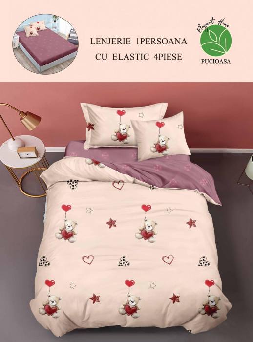 lenjerie de pat cu cearsaf cu elastic Set Lenjerie De Pat 1 Persoana, 4 piese, cu ELASTIC - Ursulet
