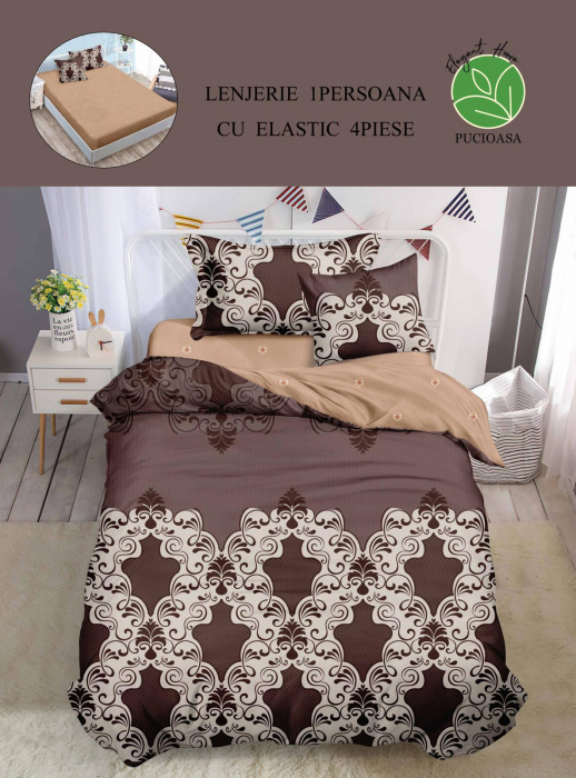 Set Lenjerie De Pat 1 Persoana, 4 piese, cu ELASTIC - Brown Royal