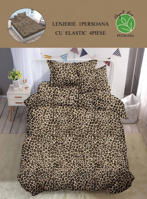 lenjerie de pat cu cearsaf cu elastic Set Lenjerie De Pat 1 Persoana, 4 piese, cu ELASTIC - Leopard
