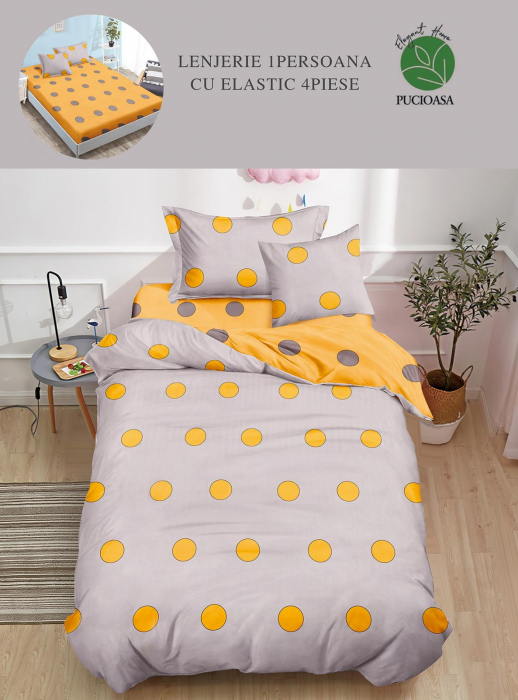 Set Lenjerie De Pat 1 Persoana, 4 piese, cu ELASTIC - Yellow Dots