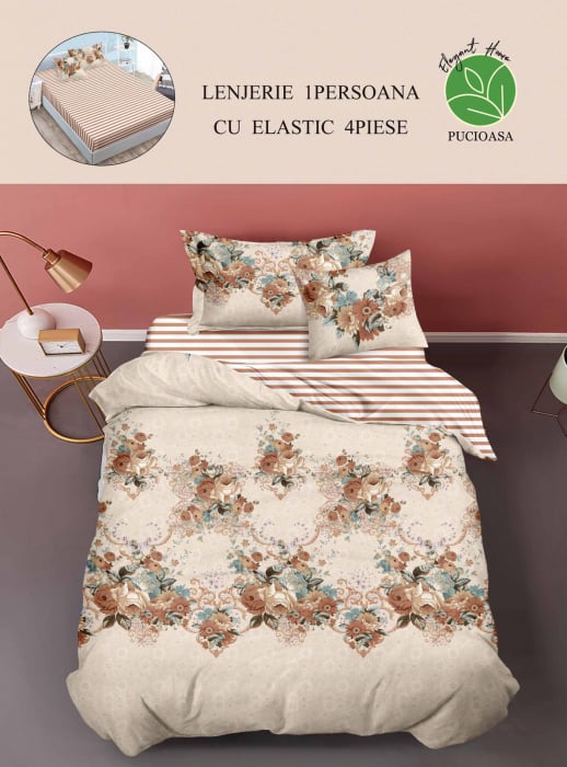 lenjerie de pat cu cearsaf cu elastic Set Lenjerie De Pat 1 Persoana, 4 piese, cu ELASTIC - Floral