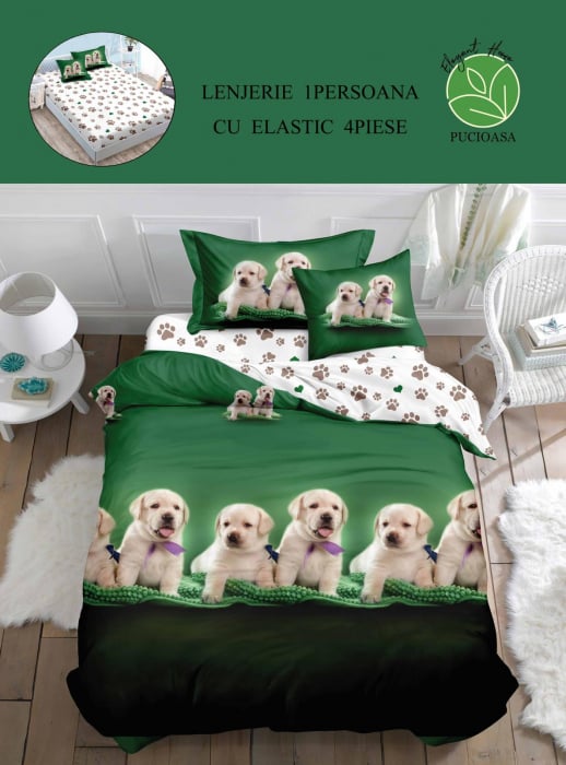 lenjerie de pat cu cearsaf cu elastic Set Lenjerie De Pat 1 Persoana, 4 piese, cu ELASTIC - Labradori