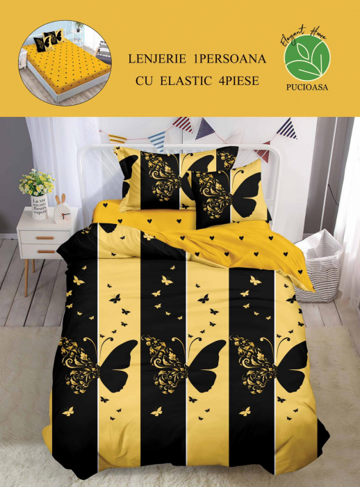 Set Lenjerie De Pat 1 Persoana, 4 piese, cu ELASTIC - Black Yellow