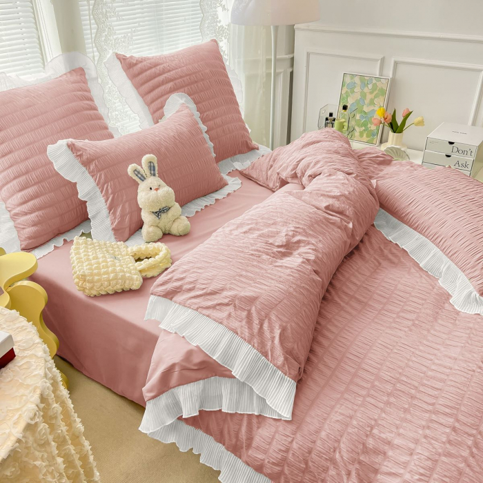 Set Lenjerie de Pat 2 Persoane Bumbac Finet Creponata Uni cu Volanase, 6 Piese - Pink [2]