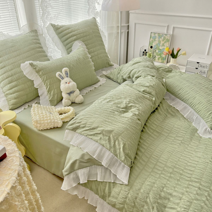 Set Lenjerie de Pat 2 Persoane Bumbac Finet Creponata Uni cu Volanase, 6 Piese - Verde [2]