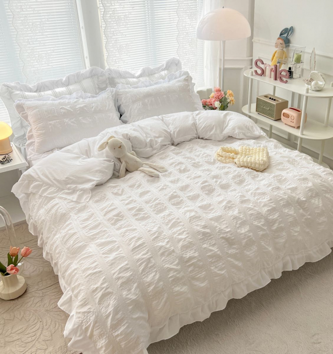 Set Lenjerie de Pat 2 Persoane Bumbac Finet Creponata Uni cu Volanase, 6 Piese - White [2]