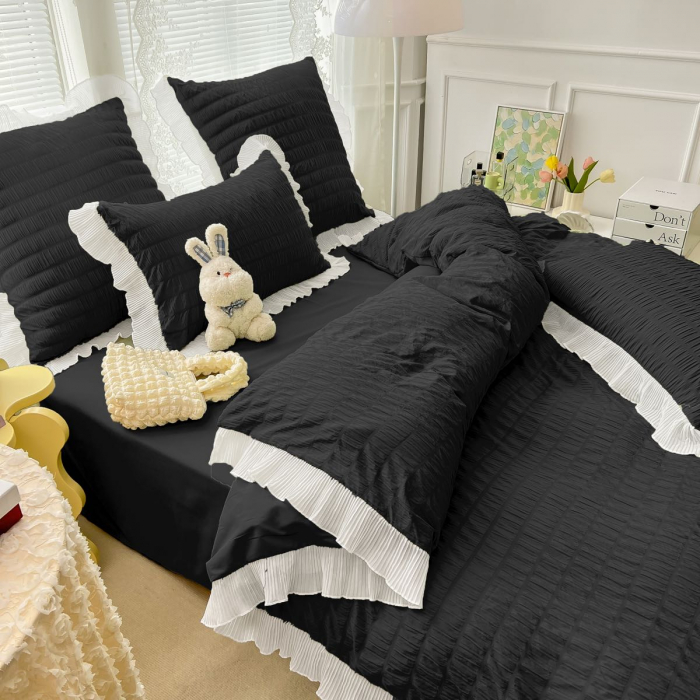 Set Lenjerie de Pat 2 Persoane Bumbac Finet Creponata Uni cu Volanase, 6 Piese - Black [2]