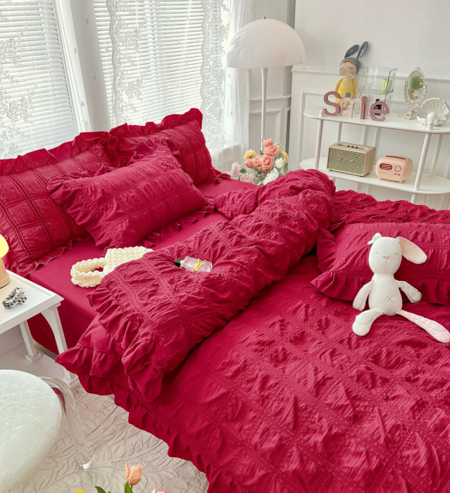 Set Lenjerie de Pat 2 Persoane Bumbac Finet Creponata Uni cu Volanase, 6 Piese - Rosu Inchis [2]