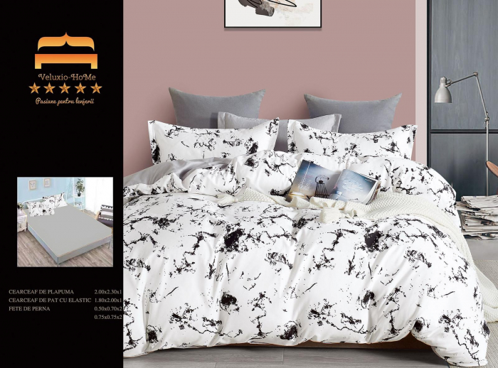 Set Lenjerie de pat 2 Persoane din Bumbac Tip Finet, cu Elastic, 6 Piese - Modern Design