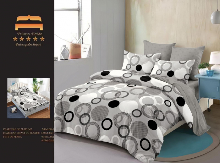Set Lenjerie de pat 2 Persoane din Bumbac Tip Finet, cu Elastic, 6 Piese - Gray Circles