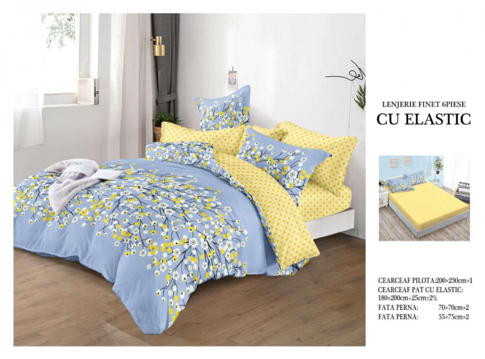 Lenjerie Pat Dublu, Bumbac Finet, 6 Piese, CU ELASTIC - Skye Blue Yellow