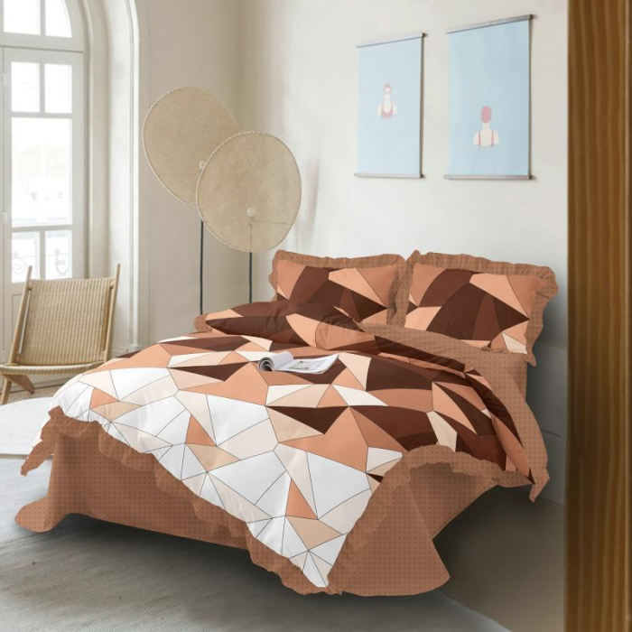 Set Lenjerie de Pat Bumbac Finet cu Volanase, 4 Piese - Brown Geometric