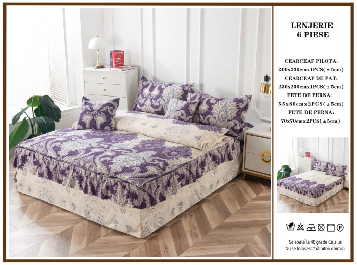 Set Lenjerie de Pat Bumbac Finet cu Volanase - Royal Purple