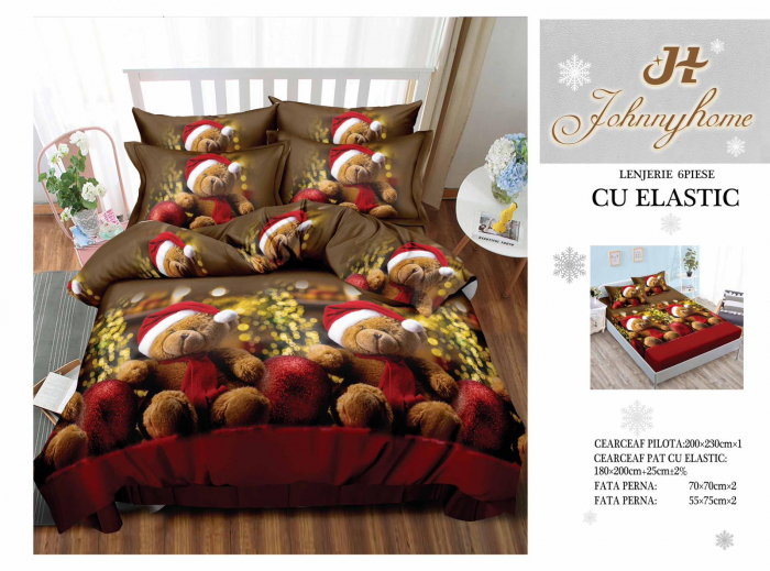 Set Lenjerie De Pat Craciun, Cu elastic, 6 Piese Pat 2 Persoane, Christmas Collection