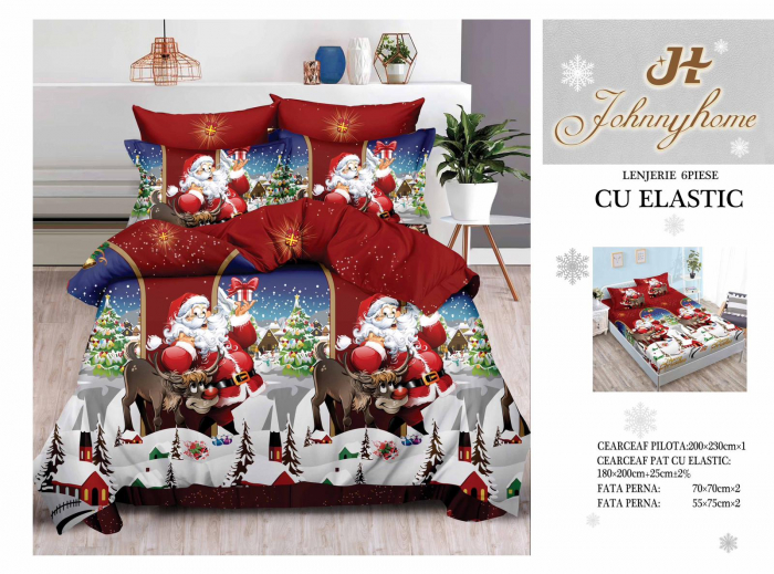 Set Lenjerie De Pat Craciun, Cu elastic, 6 Piese Pat 2 Persoane, Christmas Collection