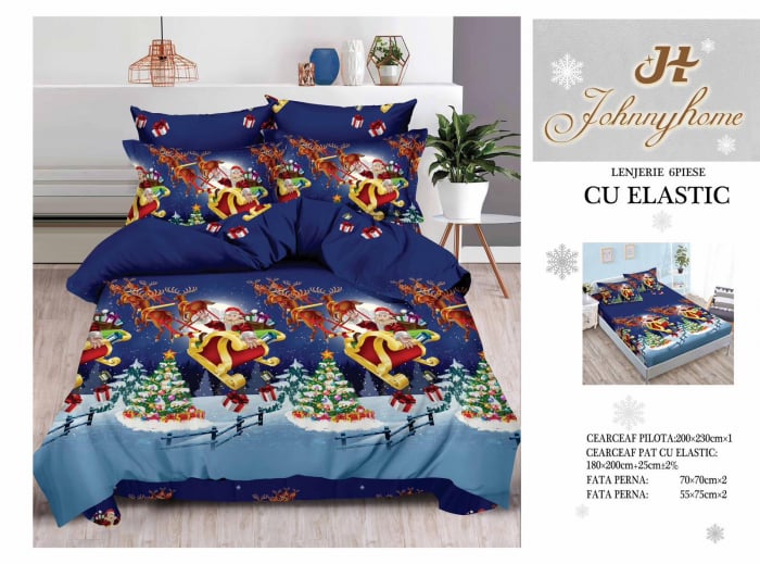 Set Lenjerie De Pat Craciun, Cu elastic, 6 Piese Pat 2 Persoane, Christmas Collection