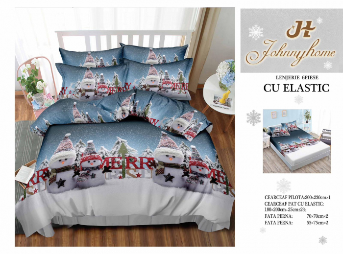 Set Lenjerie De Pat Craciun, Cu elastic, 6 Piese Pat 2 Persoane, Christmas Collection