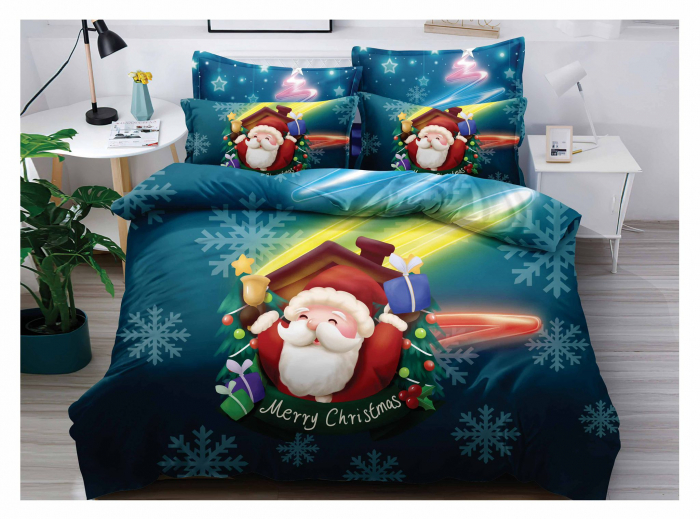 Set Lenjerie De Pat Craciun 6 Piese Pat 2 Persoane, Merry Christmas