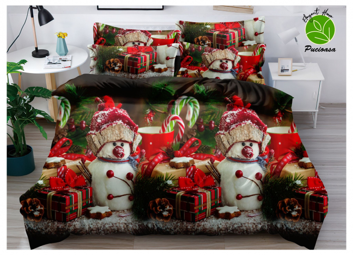 Set Lenjerie De Pat Craciun 6 Piese Pat 2 Persoane, Snowman With Gifts