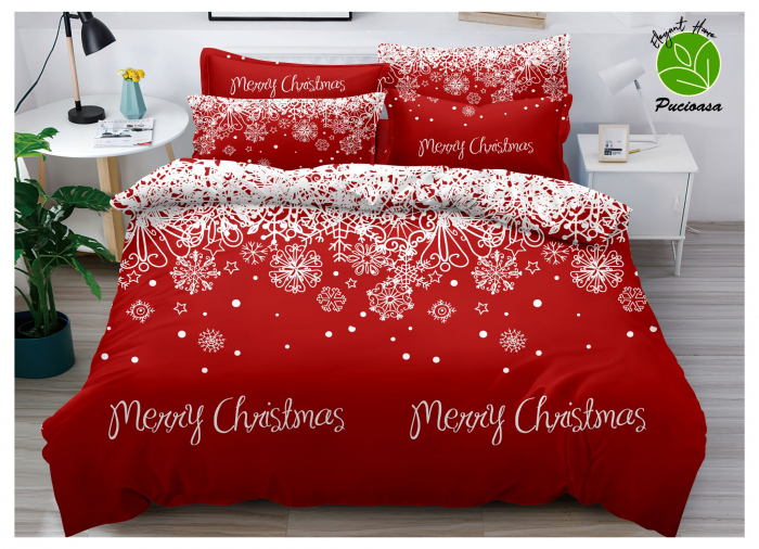 Set Lenjerie De Pat Craciun 6 Piese Pat 2 Persoane, Merry Christmas Red