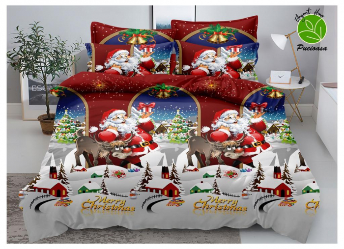 Set Lenjerie De Pat Craciun 6 Piese Pat 2 Persoane, Happy Merry Christmas