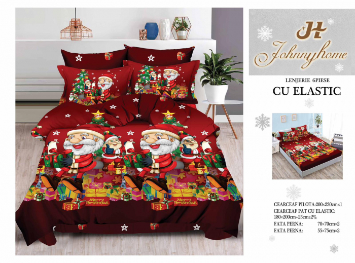 Set Lenjerie De Pat Craciun, Cu elastic, 6 Piese Pat 2 Persoane, Christmas Collection