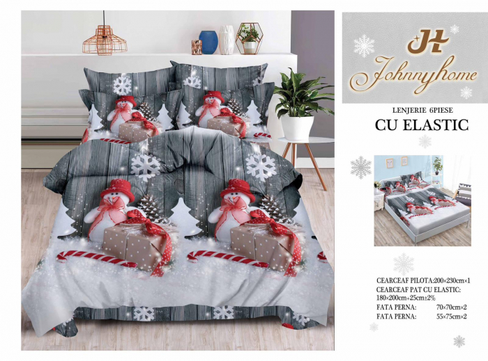 Set Lenjerie De Pat Craciun, Cu elastic, 6 Piese Pat 2 Persoane, Christmas Collection