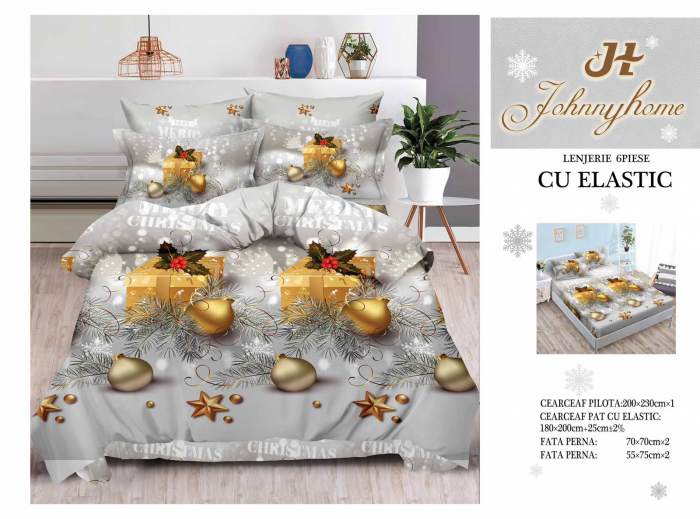 Set Lenjerie De Pat Craciun, Cu elastic, 6 Piese Pat 2 Persoane, Christmas Collection