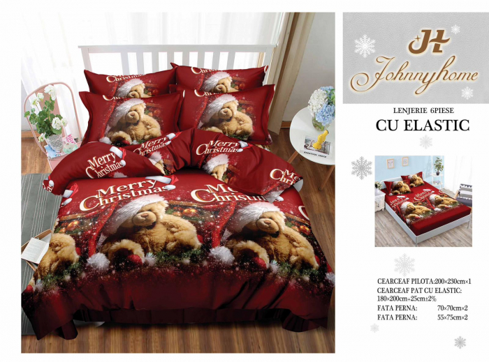 Set Lenjerie De Pat Craciun, Cu elastic, 6 Piese Pat 2 Persoane, Christmas Collection