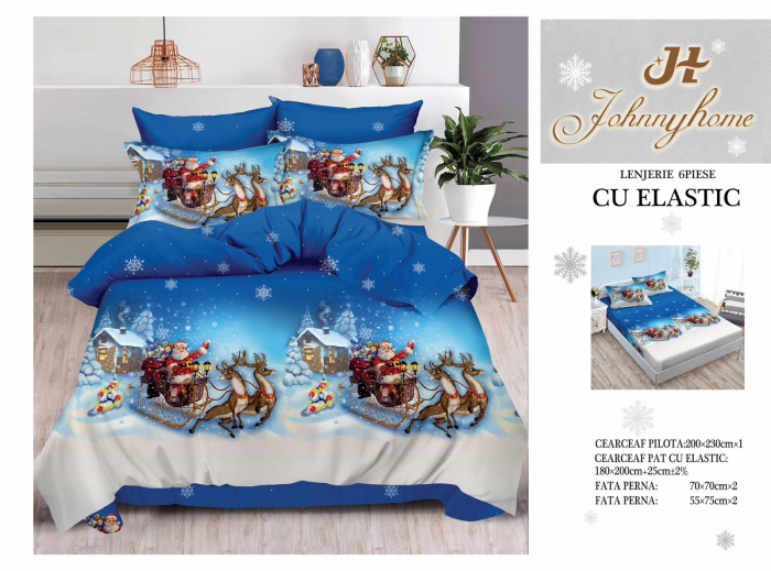 Set Lenjerie De Pat Craciun, Cu elastic, 6 Piese Pat 2 Persoane, Christmas Collection