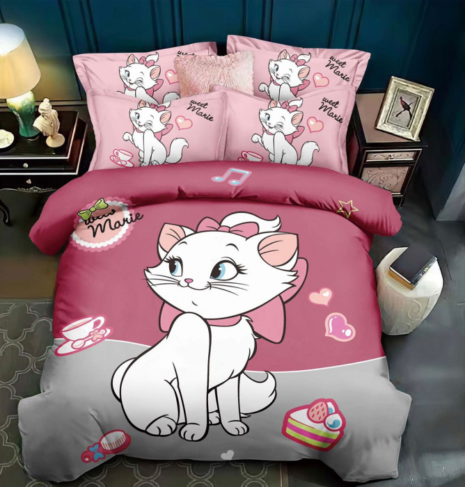 Set Lenjerie de pat cu imprimeu 3D, bumbac finet, multicolor, 2 persoane, 6 piese, Cool Cat