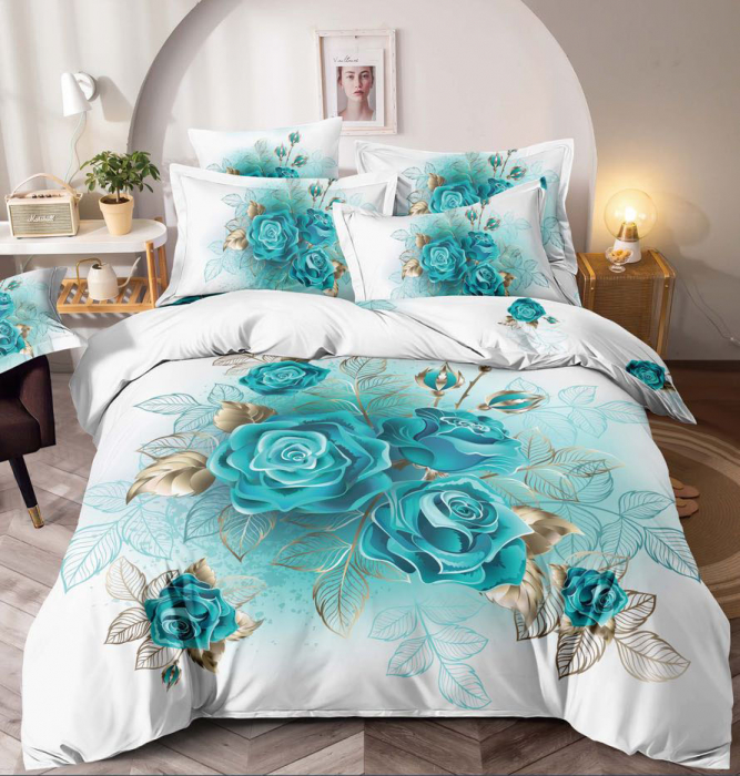 Lenjerie de Pat Finet 3D cu 2 Fete, 6 Piese, Pat 2 Persoane, Mint Blue Rose