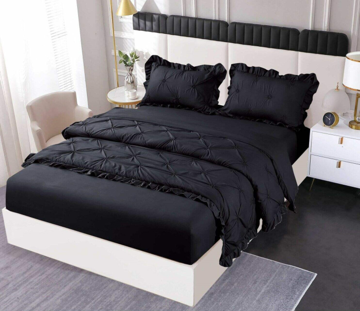 Set Lenjerie Pat Dublu, 4 Piese, Finet, cu Elastic, Pliuri si Volanase