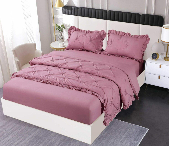 Set Lenjerie Pat Dublu, 4 Piese, Finet, cu Elastic, Pliuri si Volanase