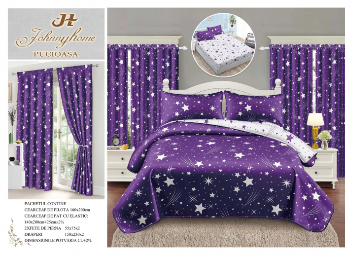 Set Lenjerie pat dublu cu Elastic (140x200cm) + 2 draperii, finet, 6 piese - Mov cu Stelute [1]