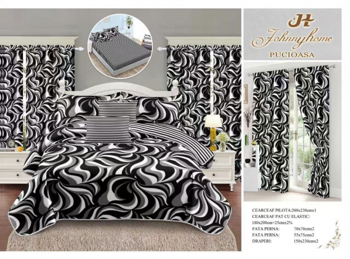 Set Lenjerie pat dublu cu Elastic + 2 draperii, finet, 8 piese - Black  White
