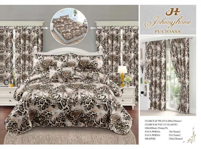 Set Lenjerie pat dublu cu Elastic + 2 draperii, finet, 8 piese - Leopard