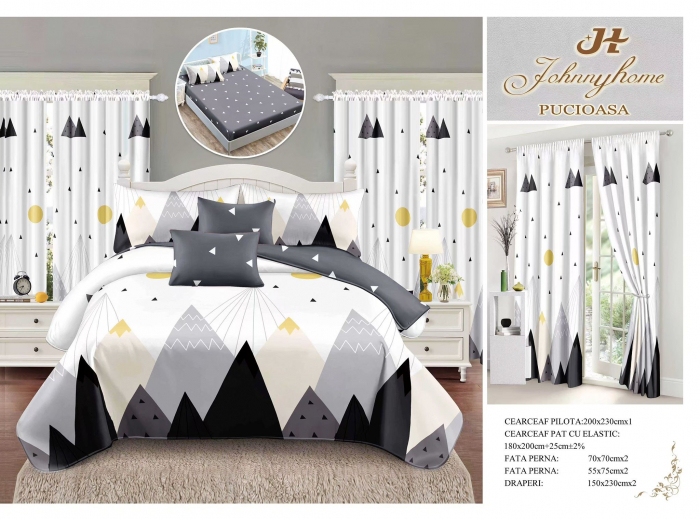 Set Lenjerie pat dublu cu Elastic + 2 draperii, finet, 8 piese - Mountains