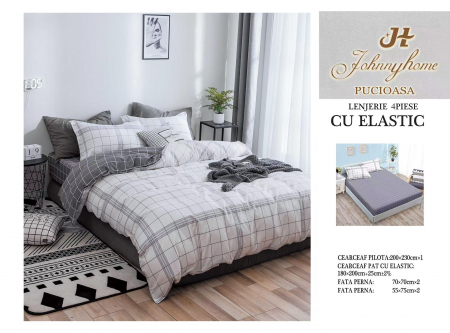 OFERTE SPECIALE - Lenjerie pat dublu cu doua feţe, 4 piese, Bumbac Satinat Superior, cu elastic - Patratele