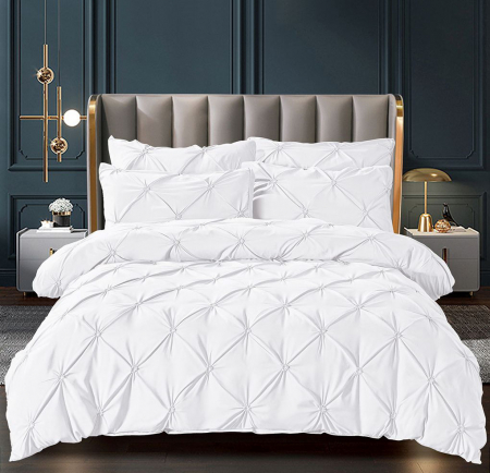 LENJERII DE PAT - Set Lenjerie de Pat Bumbac Finet Uni cu Pliuri, 6 Piese, Pat 2 Persoane, Alb