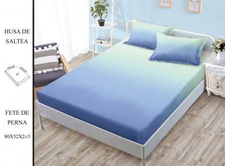 OFERTE SPECIALE - Husa de pat cu elastic 180x200 din Bumbac Finet + 2 Fete de Perna - Albastru Ombre