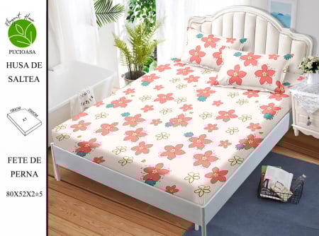 OFERTE SPECIALE - Husa de pat cu elastic 180x200 din Bumbac Finet + 2 Fete de Perna - Floricele Roz