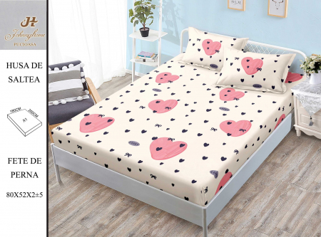 OFERTE SPECIALE - Husa de pat cu elastic 180x200 din Bumbac Finet + 2 Fete de Perna - Inimioare