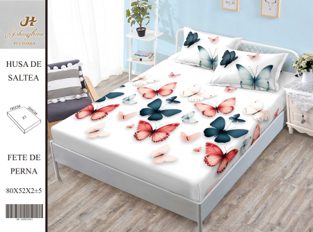 OFERTA TRIO Huse de pat cu elastic la doar 159 RON - Husa de pat cu elastic 180x200 din Bumbac Finet + 2 Fete de Perna - Fluturi