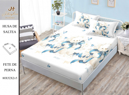 OFERTA TRIO Huse de pat cu elastic la doar 159 RON - Husa de pat cu elastic 180x200 din Bumbac Finet + 2 Fete de Perna - Ursulet