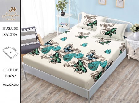 OFERTE SPECIALE - Husa de pat cu elastic 180x200 din Bumbac Finet + 2 Fete de Perna - Fluturi Multicolori