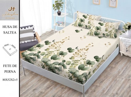 OFERTE SPECIALE - Husa de pat cu elastic 180x200 din Bumbac Finet + 2 Fete de Perna - Plante Verzi
